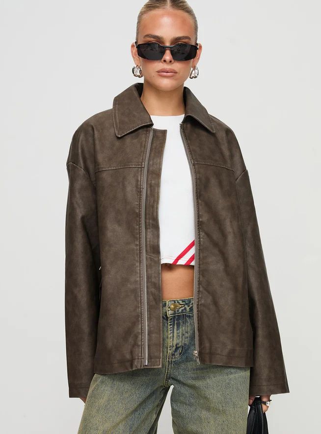 Faux Leather Collared Dad Jacket Washed Brown | Princess Polly US