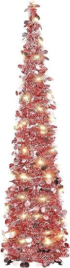 HMASYO Pop Up Tinsel Christmas Tree with Lights - 5 Foot Sequin Artificial Christmas Pencil Trees... | Amazon (US)