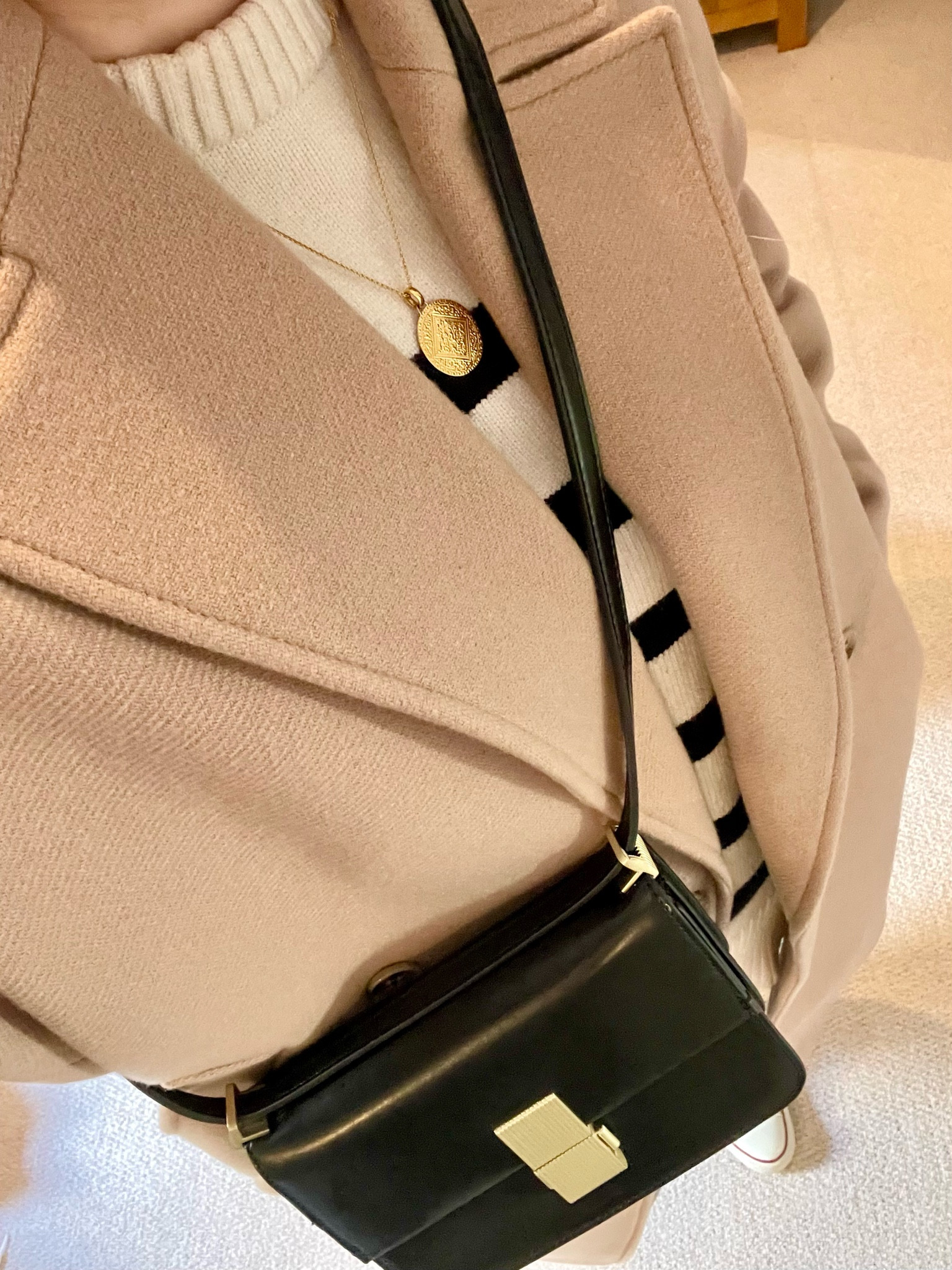 Parisian chic winter outfit with Zara camel coat and striped jumper! Minimal style black crossbody bag!

#LTKeurope #LTKunder50 #LTKSeasonal