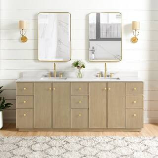 ROSWELL Oza 84 in. W x 22 in. D x 33.9 in. H Double Sink Bath Vanity in Natural Oak with White Qt... | The Home Depot