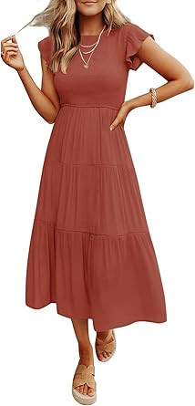 ZESICA Women's Summer Casual Flutter Short Sleeve Crew Neck Smocked Elastic Waist Tiered Midi Dre... | Amazon (US)