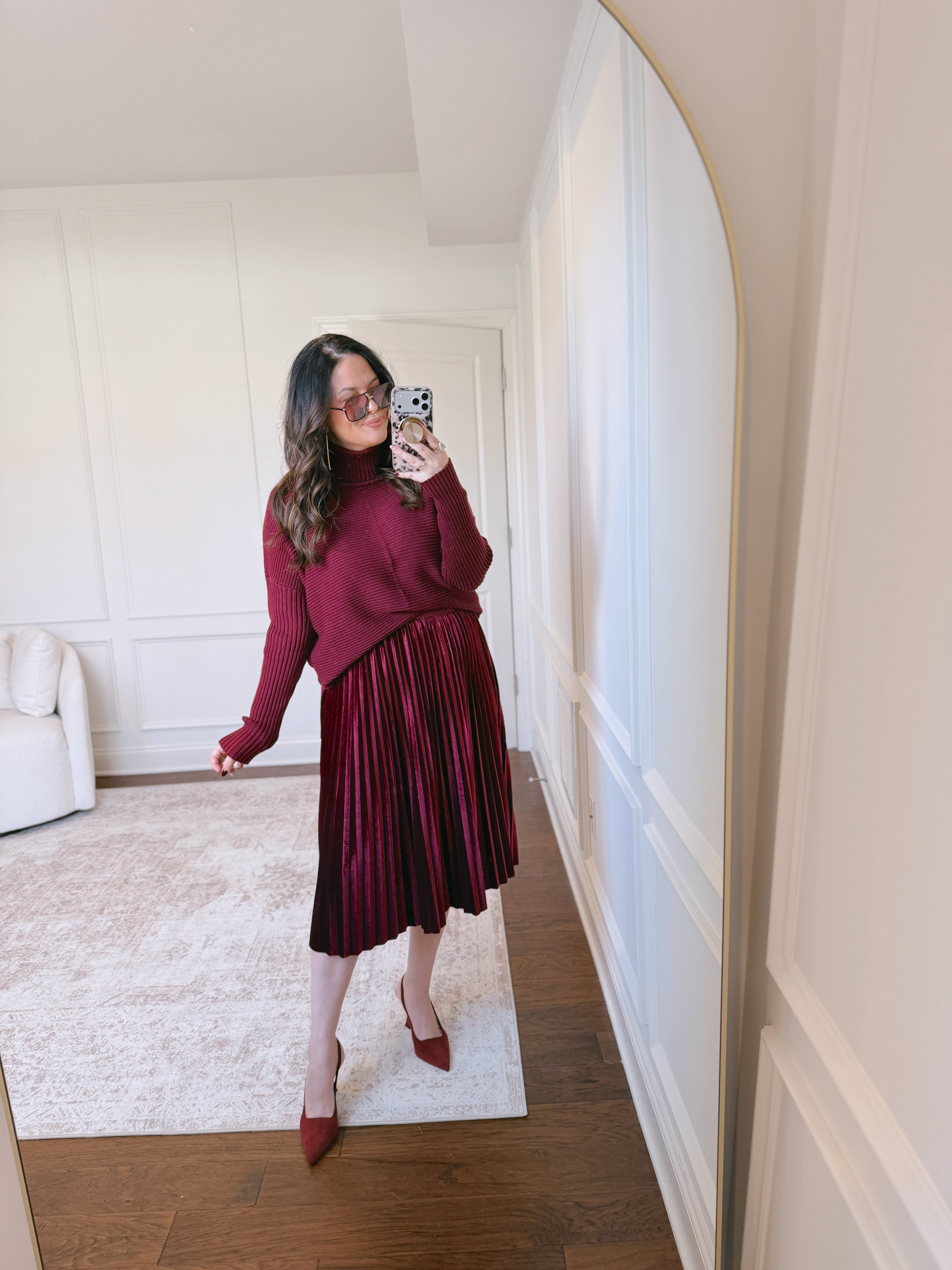 Monochrome but make it holiday! Love the velvet pleated skirt with a cozy sweater.. the color is perfection! Wearing a large in everything 

 #LTKootd #LTKMidsize #LTKFindsUnder50