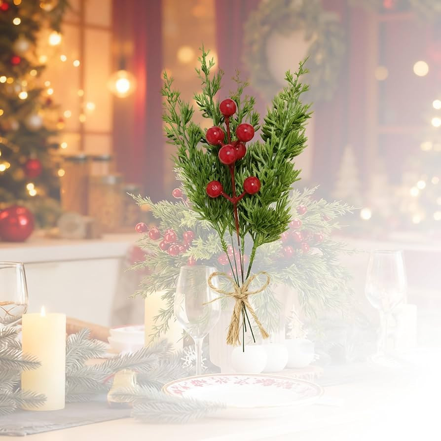 6Pcs Christmas Decor Set Artificial Norfolk Pine Branches Red Berry Stem, Festive Artificial Gree... | Amazon (US)