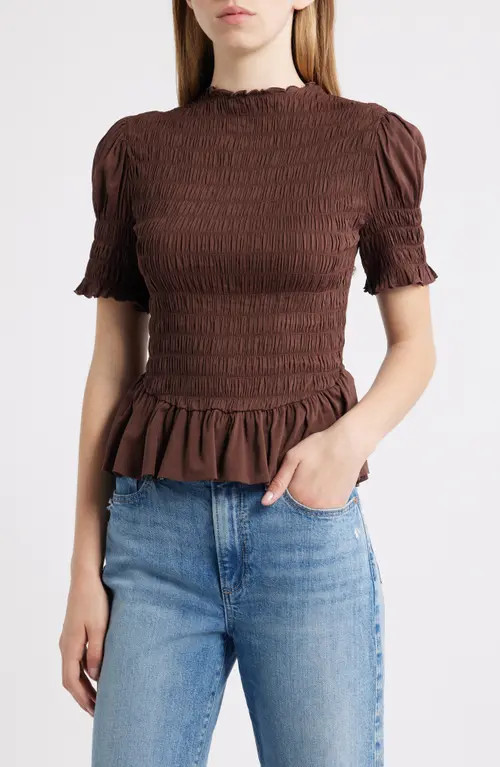 Reformation Aggie Smocked Ruffle Hem Top in Cafe at Nordstrom, Size Large | Nordstrom