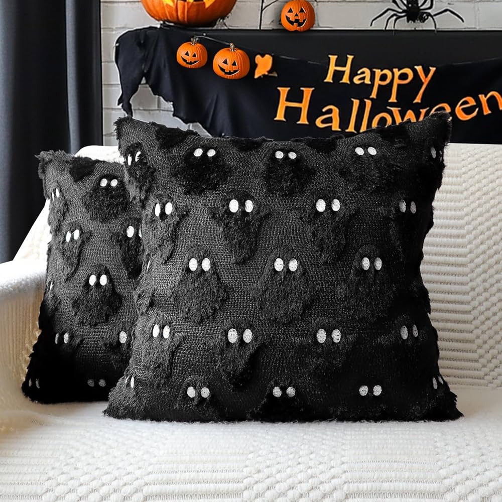 4TH Emotion Halloween Ghost Decorative Pillow Covers 20x20 Set of 2, Black Soft Plush Faux Fur Fa... | Amazon (US)