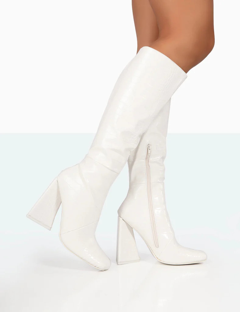 Senna White Croc Pu Knee High Block Heel Boots | Public Desire (US & CA)