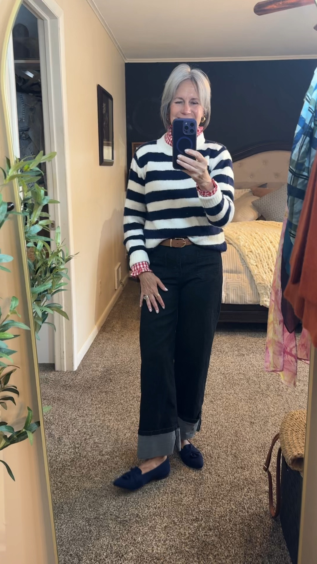 Breakfast and errands in a Saturday morning.   Wearing layers so I can throw the sweater over my shoulders if it warms up. I have the sweater in 3 colors and the blouse in 2! Love them both  
Wearing a small in the gingham blouse and striped sweater, size 4 in the ankle cuffed jeans  

‼️SALE ALERT ‼️ Jeans are 33% off and blouse is 5% off 

#LTKdayinmylife #LTKootd #LTKOver40