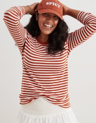 Aerie Ribbed Striped Long Sleeve T-Shirt | American Eagle Outfitters (US & CA)