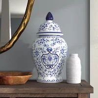 Jimerson Ceramic Temple Jar with Lid - Contemporary Vintage Style Blue and White Chinoiserie Flor... | Wayfair North America