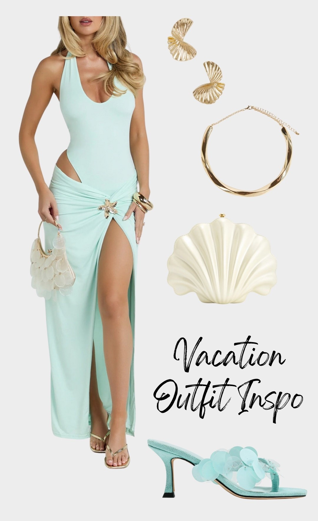 vacation outfit inspo, beach outfit, resort wear, tropical style, aqua dress, cut out maxi dress, vacation fashion, summer look, ocean blue outfit, gold accessories, seashell clutch, statement earrings, strappy heels, island chic, beach glam, elegant resort outfit, coastal style, getaway outfit, pastel fashion, feminine vacation look

#LTKTravel #LTKStyleTip #LTKFindsUnder100