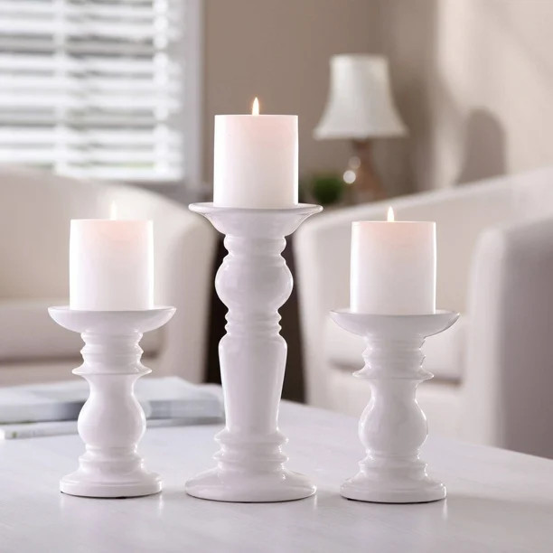 Better Homes & Gardens White Ceramic Pillar Candle Holders, Set of 3 | Walmart (US)