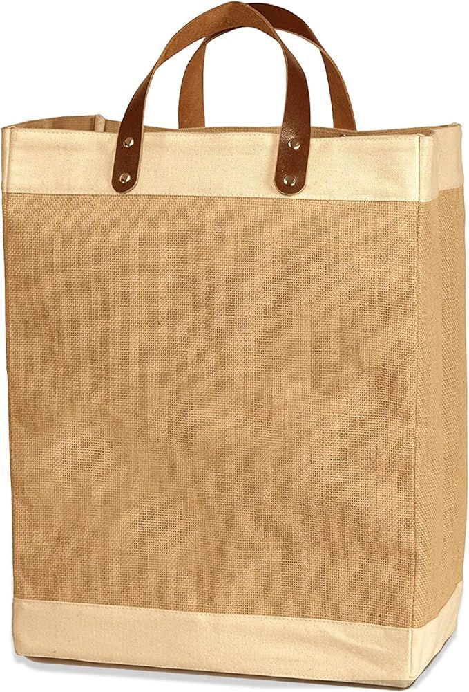 Reusable Jute French Market Tote Burlap Grocery Bags with Faux Leather Strap Handles, Interior Po... | Amazon (US)