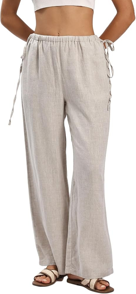 Amazhiyu Women's 100% Linen Wide-Leg Pants Summer Casual Lounge Palazzo Pockets | Amazon (US)