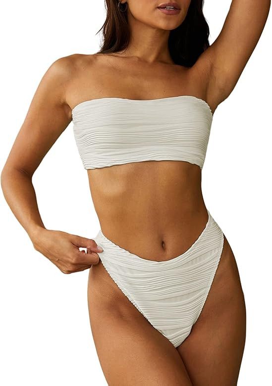 ZAFUL Women Strapless Wave Bandeau Bikini 2 Piece Swimwear Cheeky Solid Lace up Bathing Suits | Amazon (US)