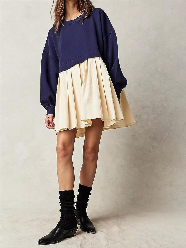 SAFRISIOR Women Oversized Sweatshirt Dress Crew Neck Long Sleeve Patchwork Pullover Tops Baggy Fl... | Amazon (US)