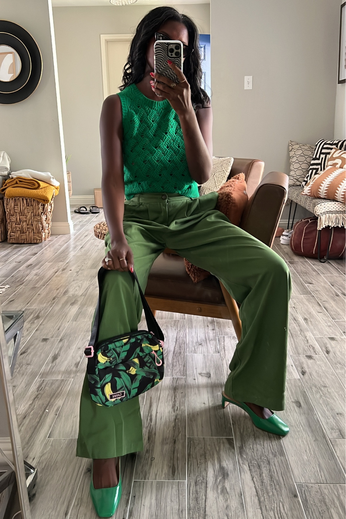 Fall outfit ideas! Monochromatic green look with green wide leg trousers, sleeveless sweater vest and green shoes. Size up in the pants and 2 sizes up for an oversized fit  

#LTKworkwear #LTKstyletip #LTKSeasonal