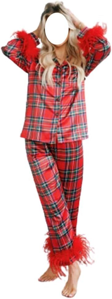 Women Feather Trim Christmas Pjs Set Buffalo Plaid Button Satin Silk Long Sleeve Top Pajamas Pant... | Amazon (US)