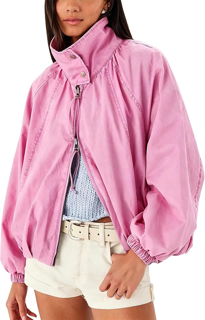 Women Oversized Bomber Jacket Funnel Neck Zip Up Batwing Sleeve Fall Outerwear Coats Casual Outfi... | Amazon (US)
