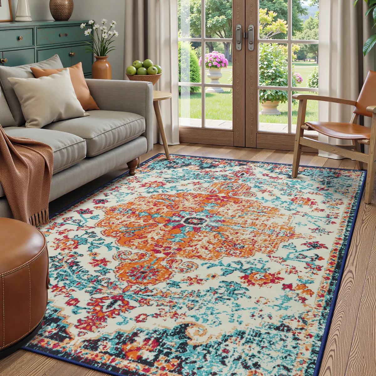 Washable Orange Boho Floral Medallion Rug | Reine Vintage Style - Lahome | Lahome