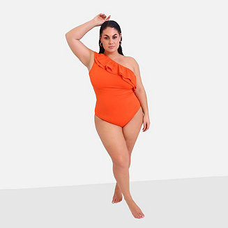 Plus Size Catalina Ruffle One Shoulder Swimsuit - Persimmon | Macy's