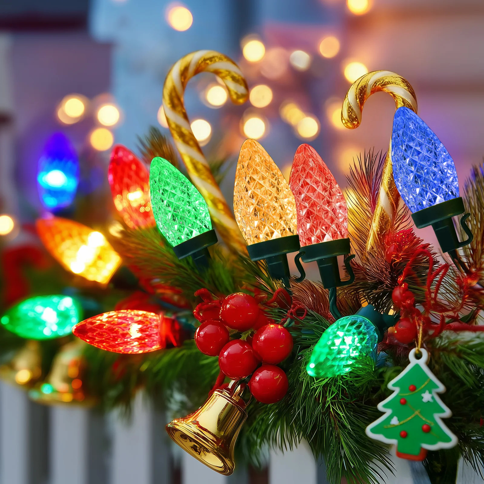 50 Multicolor BIG Bulbs Battery Powered C9 Christmas String Lights Outdoor, 24.6ft, 8 Modes, Time... | Walmart (US)