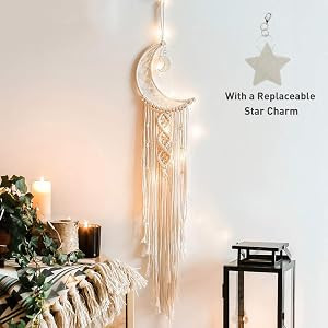 Boho Macrame Woven Wall Hanging, Crochet Crescent Moon Star Dream Catcher with Long Tassel- White... | Amazon (US)