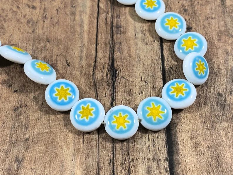 Blue, Yellow and White Glass Flower Bead, 12mm White Coin Bead with Blue and Yellow Flower Design... | Etsy (US)