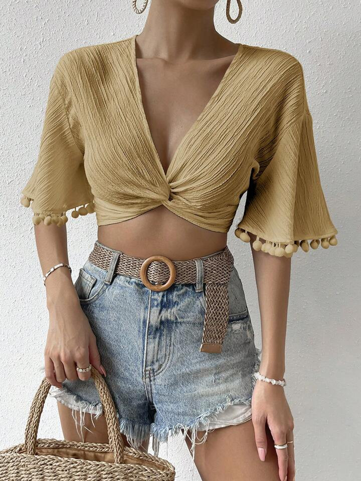SHEIN VCAY Twist Front Pom Pom Trim Drop Shoulder Crop Blouse | SHEIN