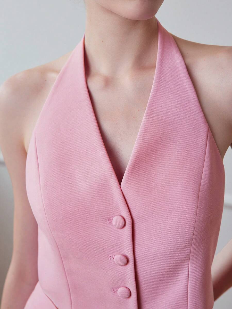 MOTF STUDIO SOLID SINGLE BREASTED PLACKET CROP HALTER TOP | SHEIN