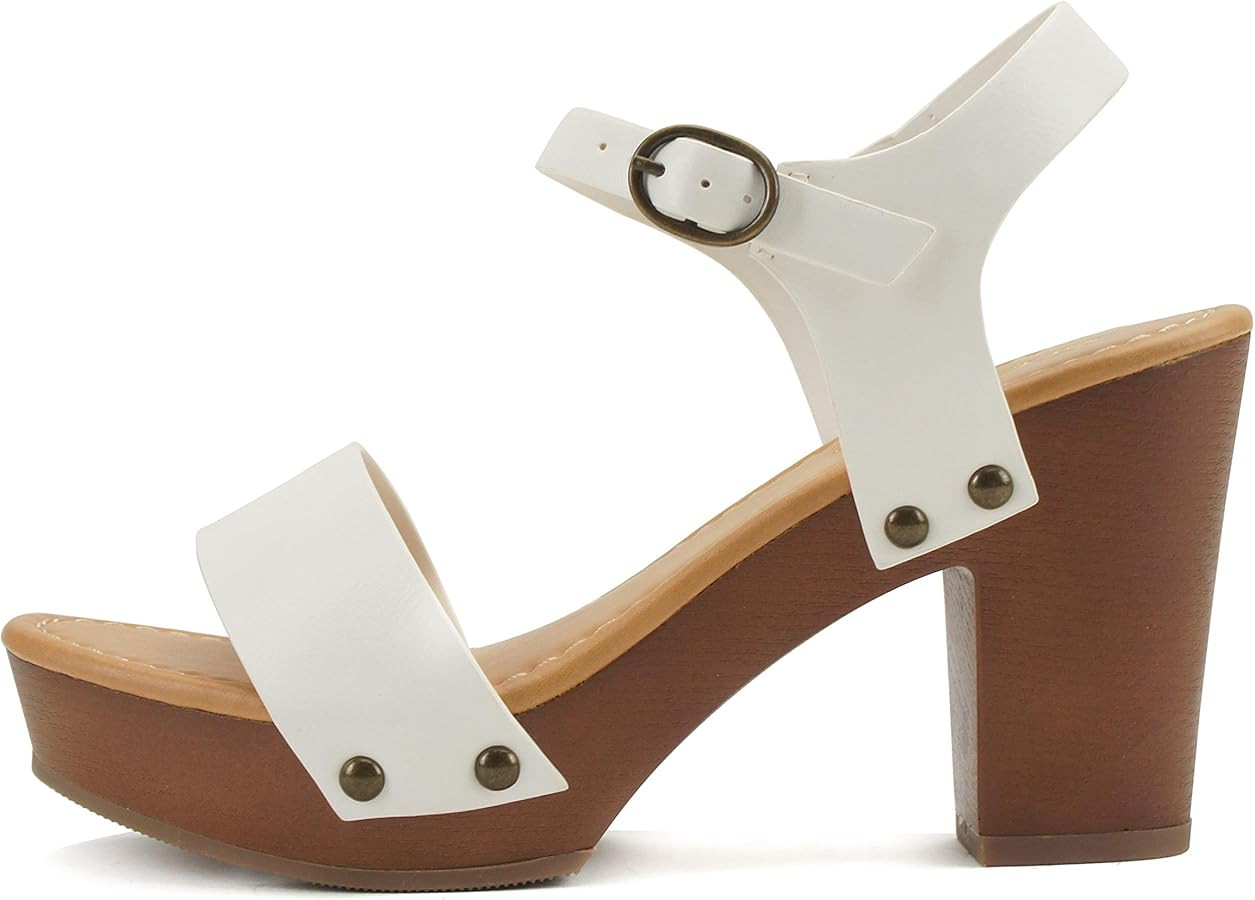 Soda CHIVAS ~ Women's Bold Buckles Studded Wedge Sandal | Amazon (US)