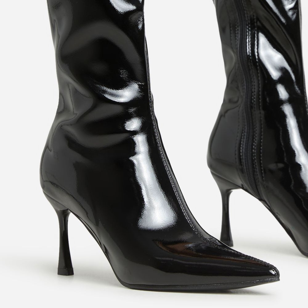 Drama Pointed Toe Stiletto Heel Knee High Long Boot In Black Patent | EGO Shoes (US & Canada)