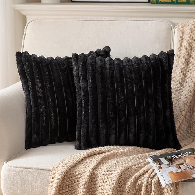 DEELAND Pack of 2,Double-Sided Faux Fur Plush Decorative Throw Pillow Covers Fuzzy Striped Soft P... | Amazon (US)