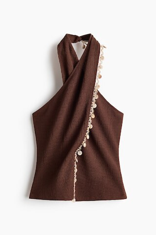 H & M - Embellished Halterneck Top - Dark Brown | H&M (US + CA)