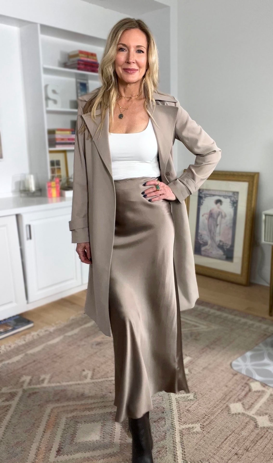 Feeling chic in this tone-on-tone spring outfit!
This trench is the perfect spring layering piece. It transitions easily from casual with jeans to elevated with a silk skirt to work with black pants. I love the maxi length on this 100% silk stretch skirt. It’s perfect with ankle booties in spring and can be worn with sandals for summer. ￼
Wearing XS in all, fits TTS 

Spring outfit ideas
Affordable luxury @Quince 
Tone on tone 


#LTKootd #LTKSeasonal #LTKOver40