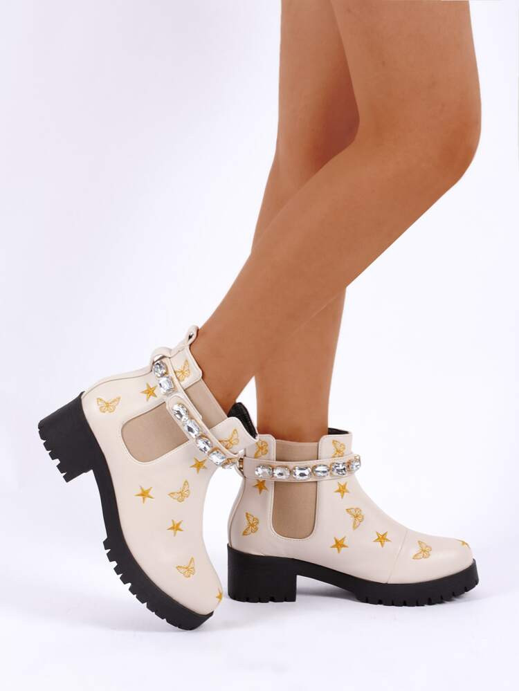 Floral Embroidery Chunky Chelsea Boots | SHEIN