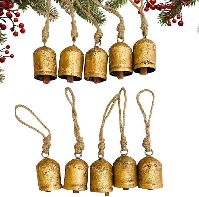 Mie Creations Set of 10 Rustic Vintage Cow Bells, Handmade Christmas Bells on Jute Rope, Decorati... | Amazon (US)