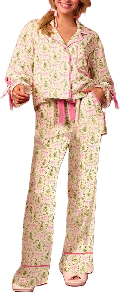 Faretumiya Women 2 Piece Christmas Pajamas Set Bow Tie Long Sleeve Button Shirts Wide Leg Pants C... | Amazon (US)