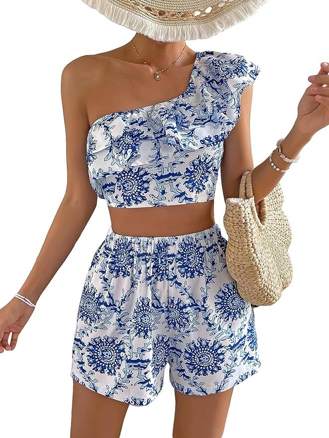 Floerns Women's 2 Piece Outfit Boho One Shoulder Ruffle Trim Crop Top and Shorts Set | Amazon (US)