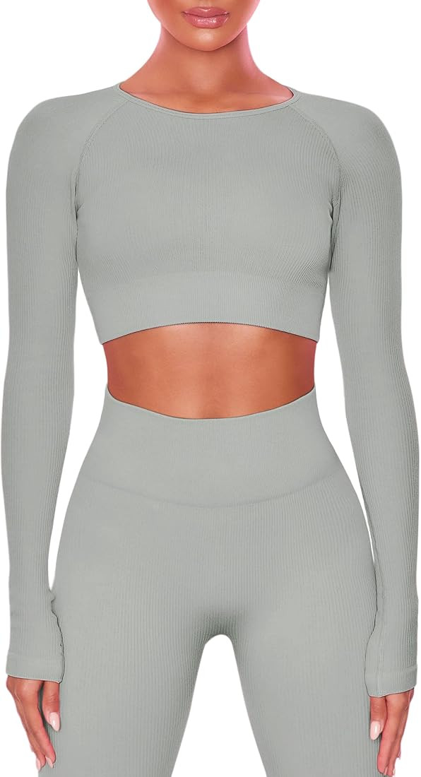 Buttergene Women Workout Sets 2 Pieces Long Sleeve Yoga Outfits Gym Clothes Seamless Ribbed Crop ... | Amazon (US)
