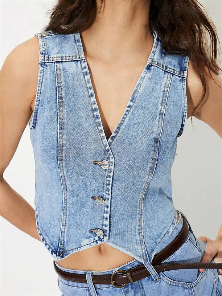 Women Denim Vest, Sleeveless V Neck Button Vest Solid Outwear Gilet For Casual Street | SHEIN
