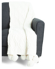 Knit Throw With Faux Fur Poms | TJ Maxx