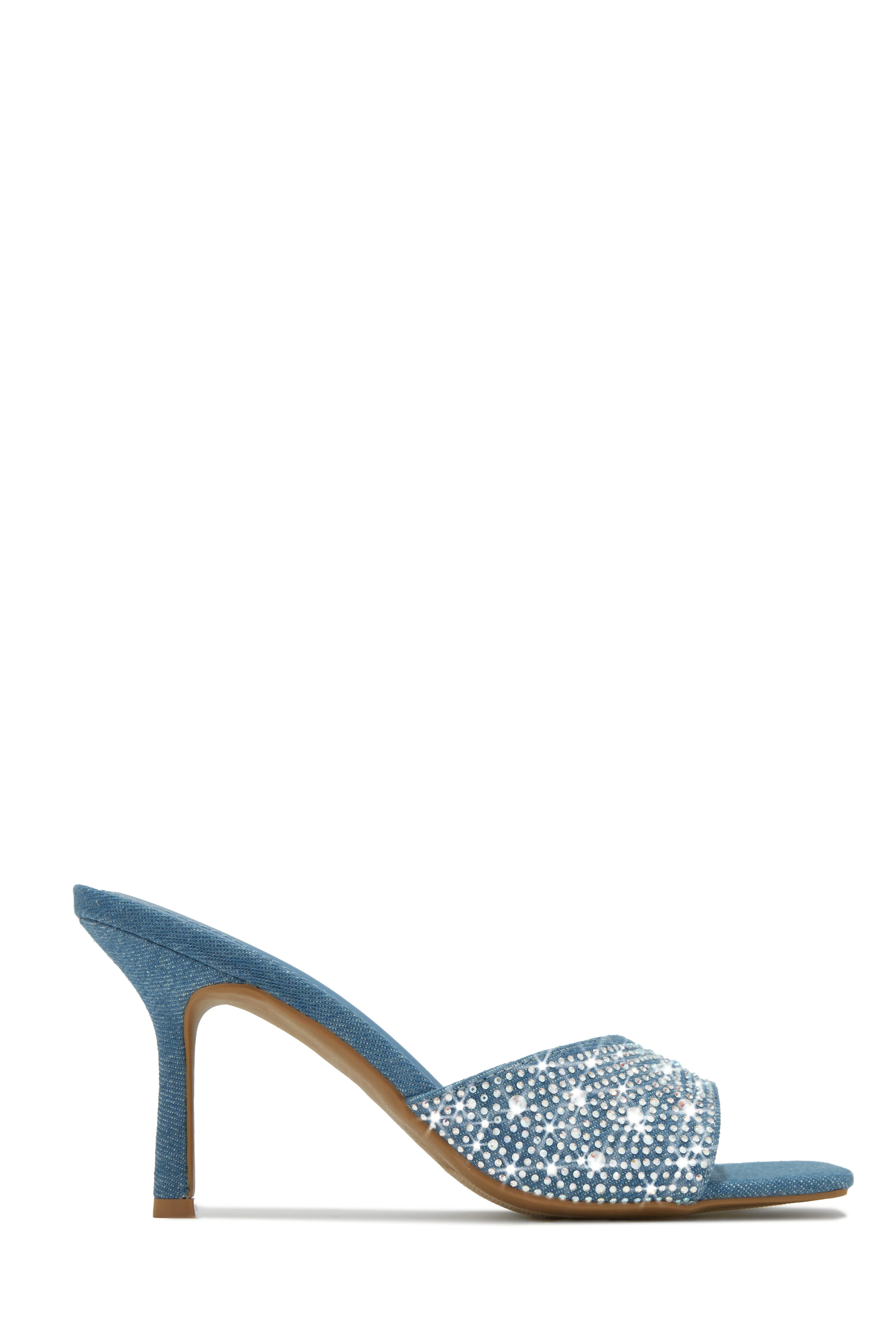 Irina Embellished Mid High Heels - Denim 5.5 / Blue | MISS LOLA