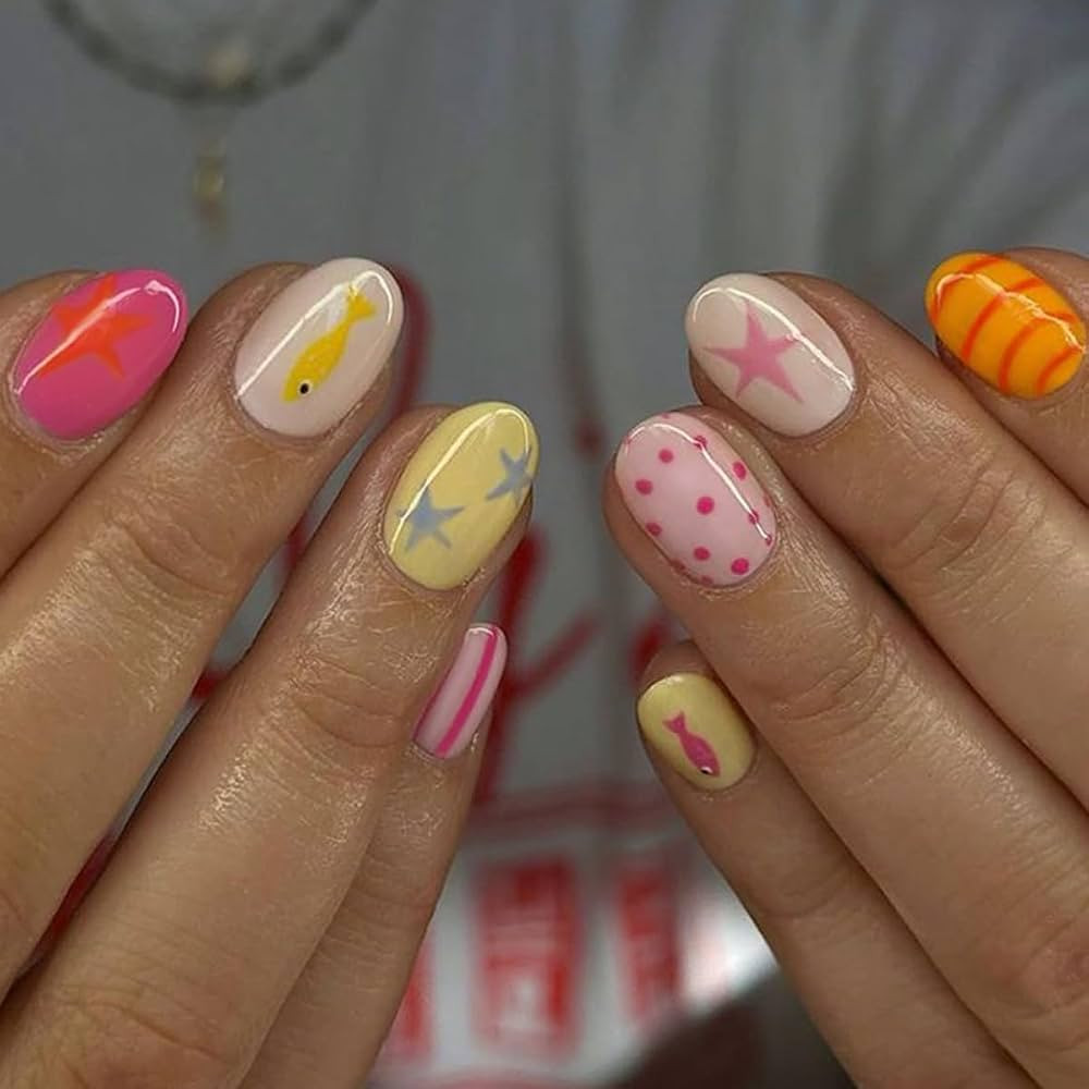 Press on Nails Short Oval Fake Nails with Polka Dot,Striped,Star,Fish Designs,Cute Reusable Artif... | Amazon (US)