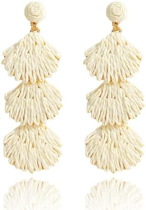 Raffia Earrings for Women, Handwoven Boho Rattan Shell Floral Ball Hoop Dangle Drop Earrings Ligh... | Amazon (US)