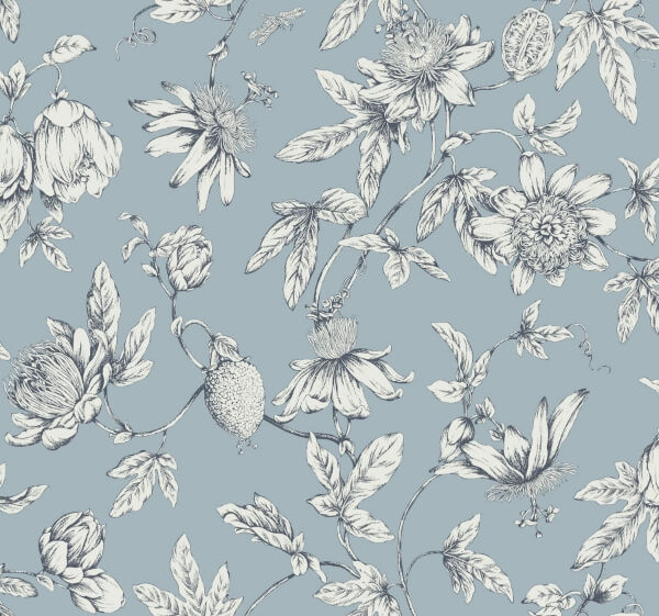 Passion Flower Toile Wallpaper- Sky | York Wallcoverings