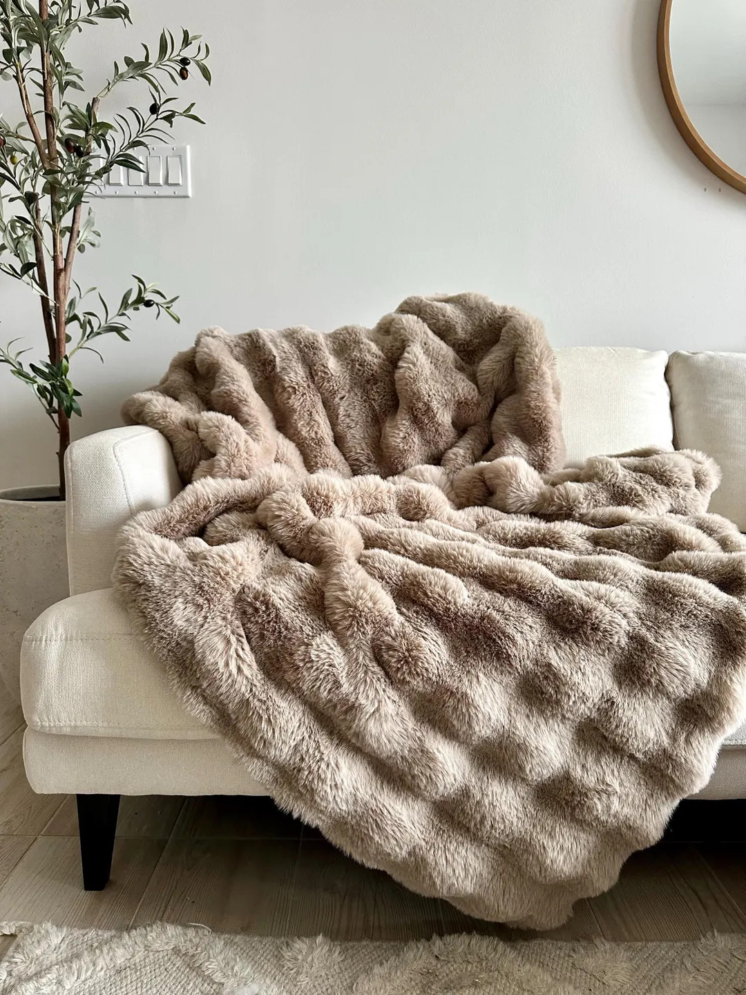 Taupe Luxury Faux Fur Throw Blanket Ultra Soft & Cozy, Elegant Living Room or Bedroom Accent, War... | Etsy (US)