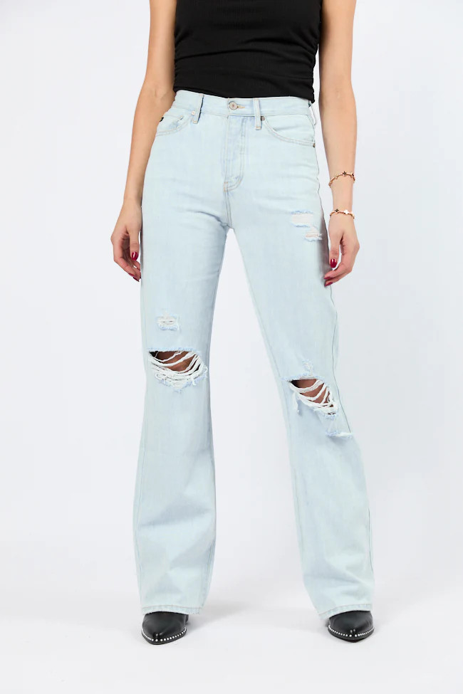 Karter Light Wash Wide Leg Distressed 90's Flare Jeans | Pink Lily