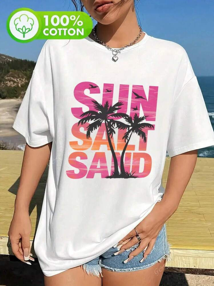 Lente/Zomer 2025 Nieuwe Stijl, Dames T-Shirt Met Korte Mouwen, Zonnige Zoutzandprint, Casual Stijl, 100% Katoen, Losse Snit, Strandkleding, Resortkleding, Comfortabel, Modieus Ontwerp | SHEIN