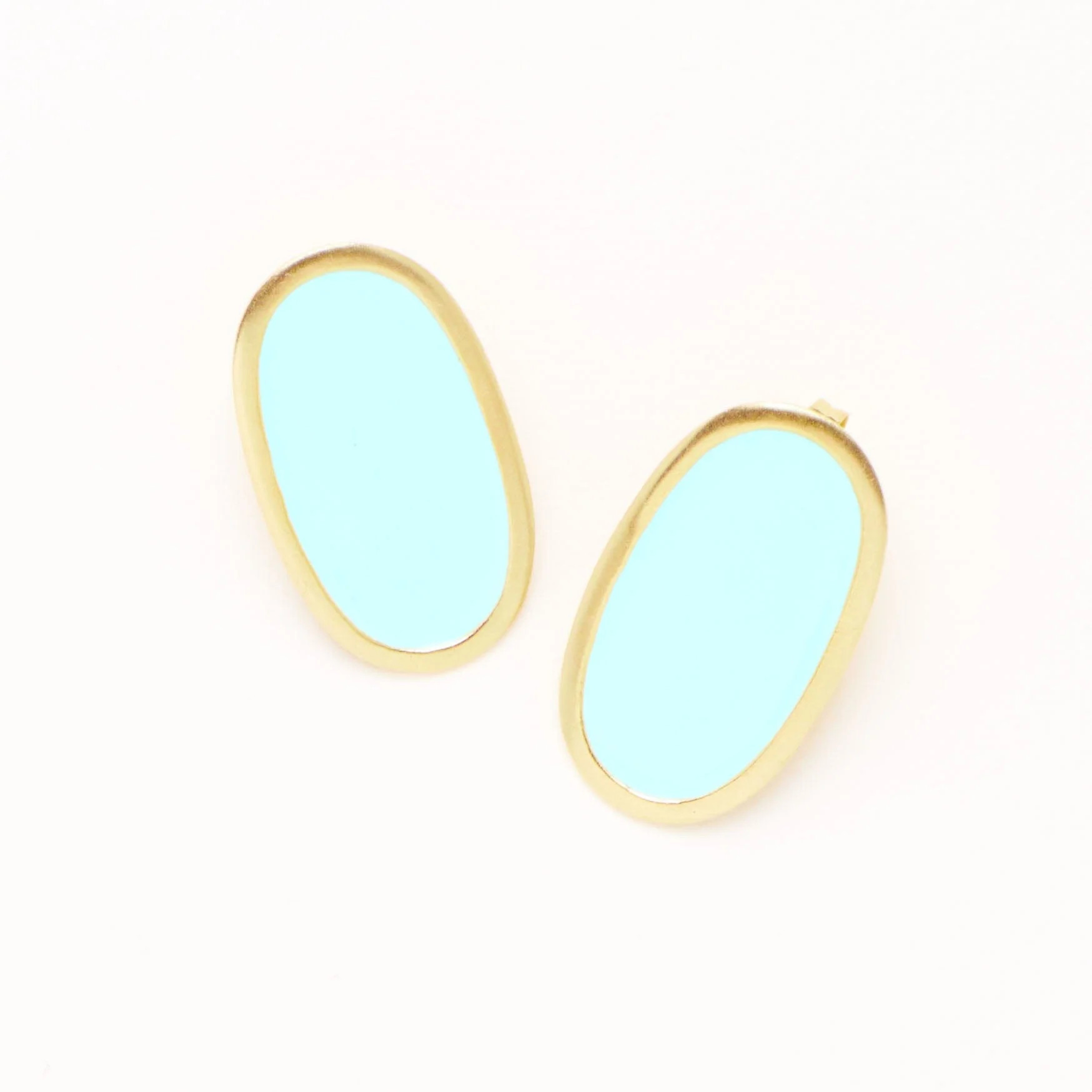 Alexis Oval Enamel Post Earrings Aqua Framed In Brass | INK+ALLOY
