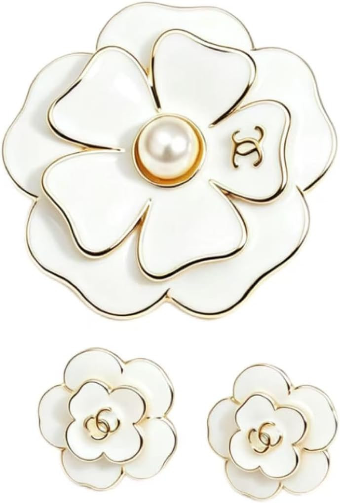 TOPLUXU White Camellia Flower Brooch and Earrings Set, Gold Trim | Amazon (US)